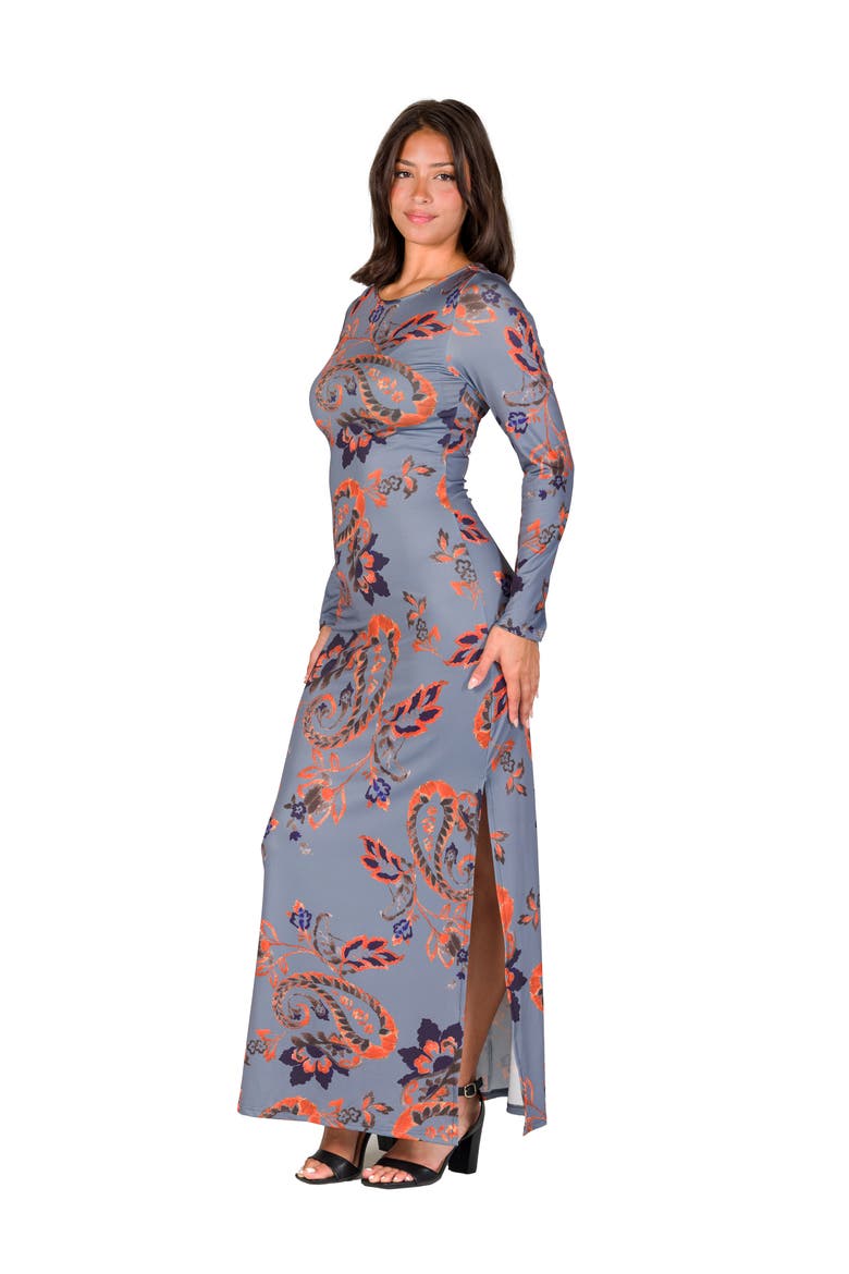 Long Sleeve Side Slit Fitted Maxi Dress, Alternate, color, Gray Multi