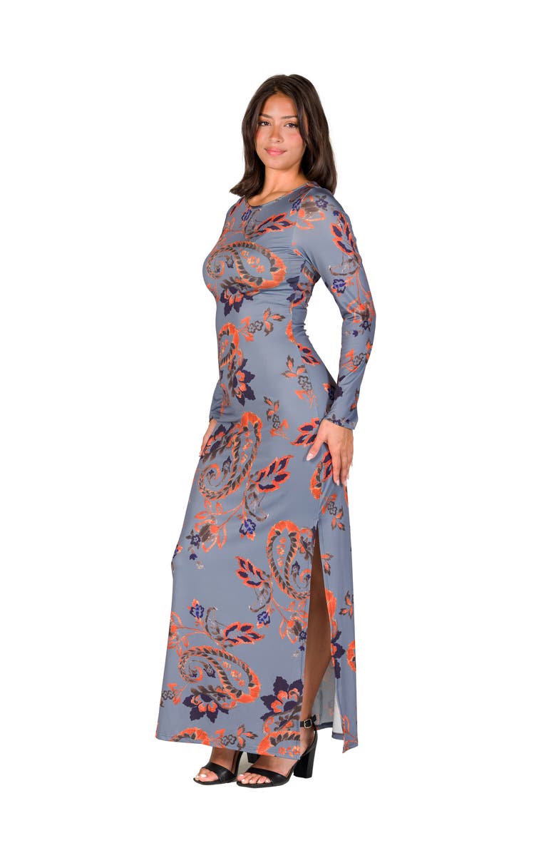 24seven Comfort Apparel Long Sleeve Side Slit Fitted Maxi Dress, Alternate, color, Gray Multi