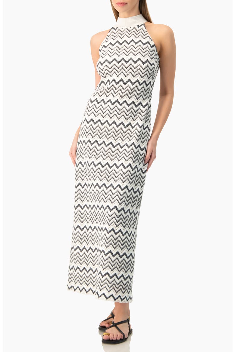 Zigzag Knit Halter Neck Sleeveless Midi Dress, Alternate, color, White