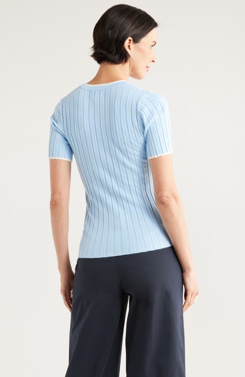 Nordstrom Rack Tipped Short Sleeve Ribbed Sweater In Blue Thread- Ivory Tipping