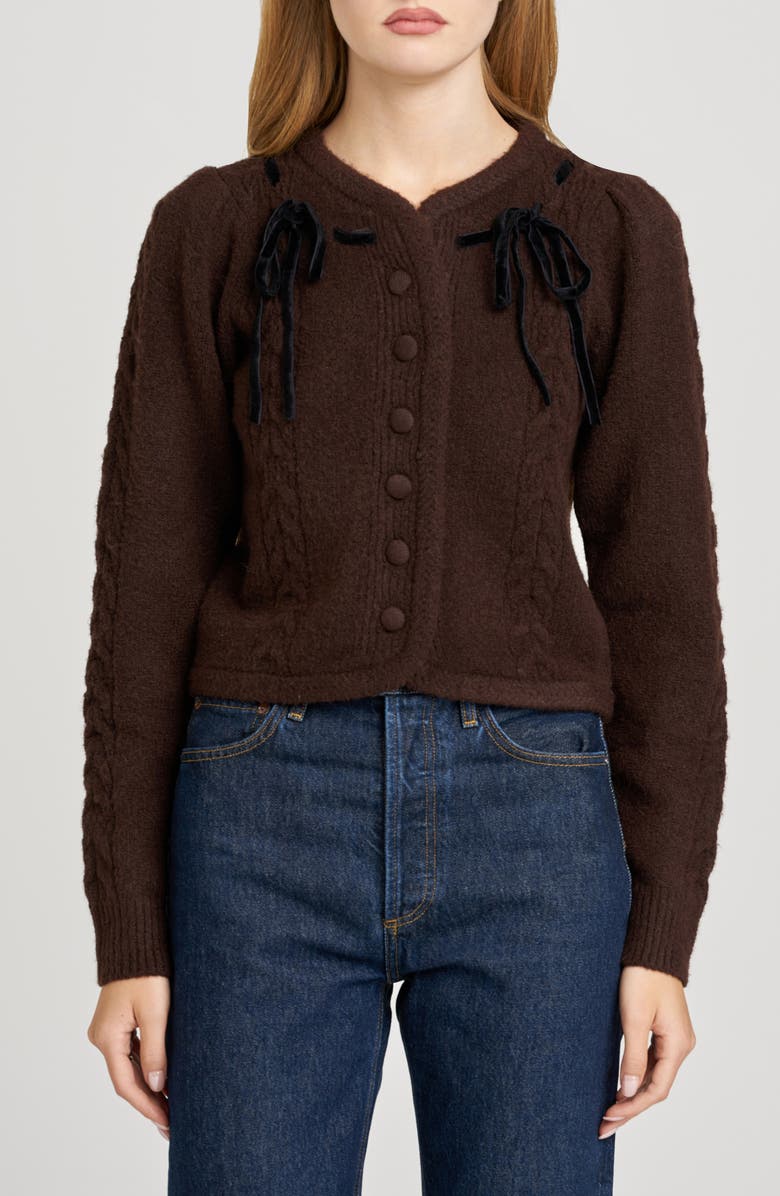 WAYF x Sara Walker Jackie Velvet Bow Cable Stitch Cardigan, Main, color, Espresso