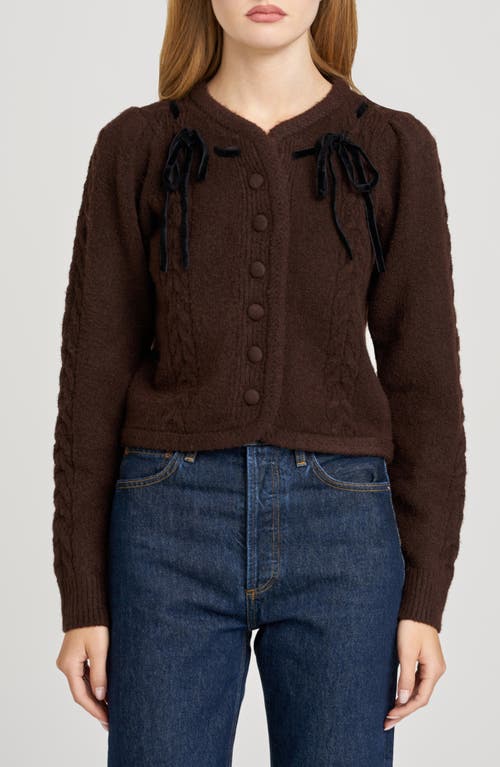 WAYF x Sara Walker Jackie Velvet Bow Cable Stitch Cardigan in Espresso 