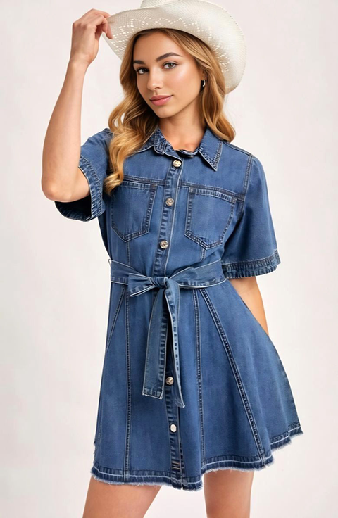 Short Sleeve Belted Denim Shirt Dress
