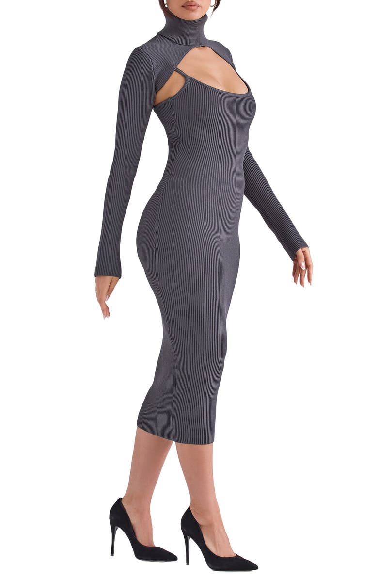 HOUSE OF CB Meliora Long Sleeve Ribbed Body-Con Dress with Bolero, Alternate, color, Charcoal
