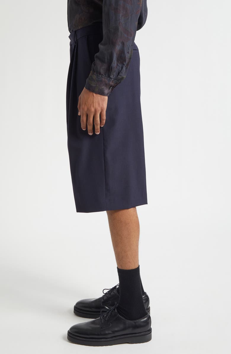 Dries Van Noten Panrom Pleated Wool Bermuda Shorts, Alternate, color, Navy