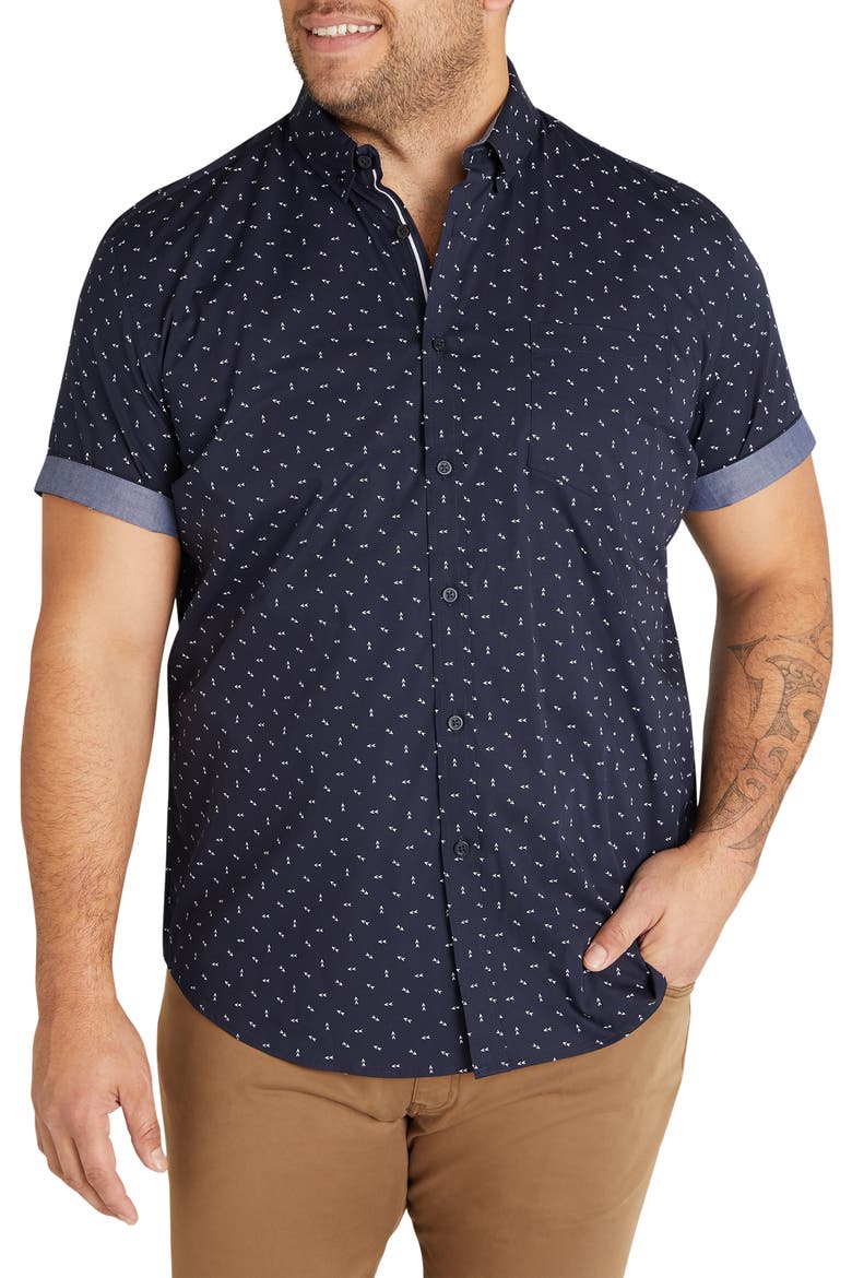Benson Arrow Print Stretch Short Sleeve Button-Down Shirt, Main, color, NAVY