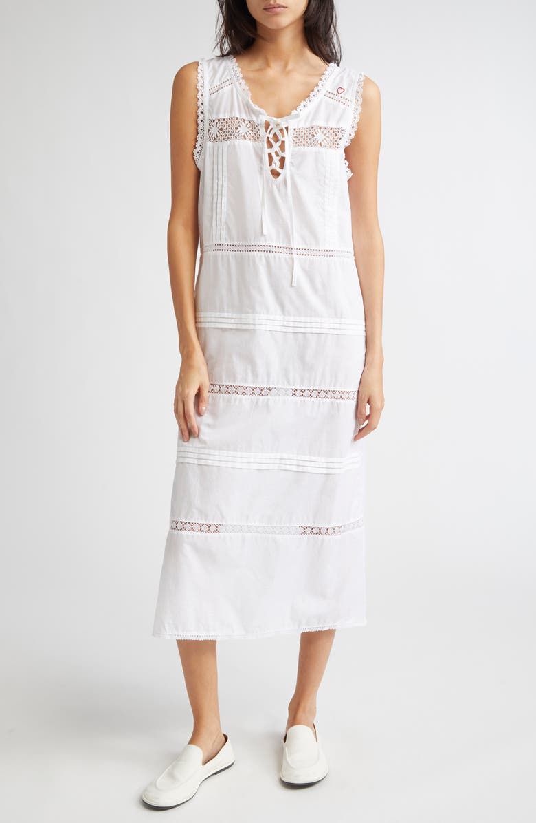 KÚR Lace Trim Pleated Cotton Shift Dress, Main, color, White
