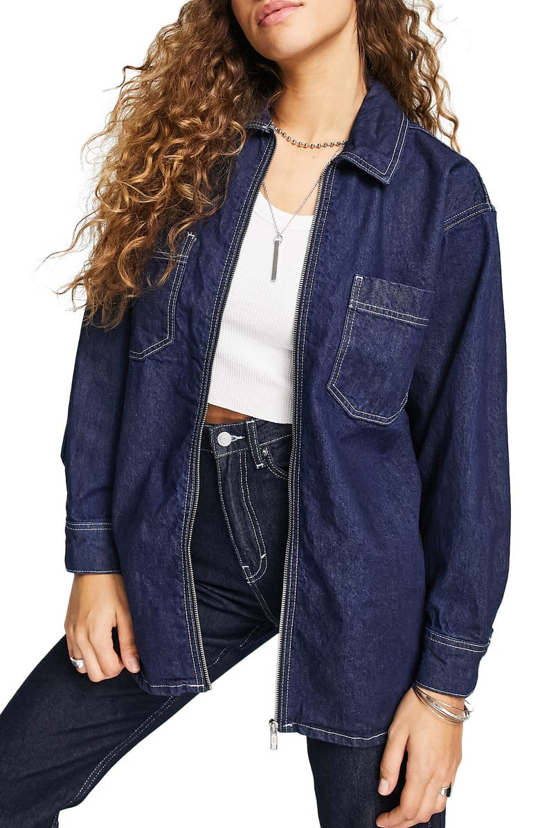 Topshop Raw Denim Shacket, Main, color,