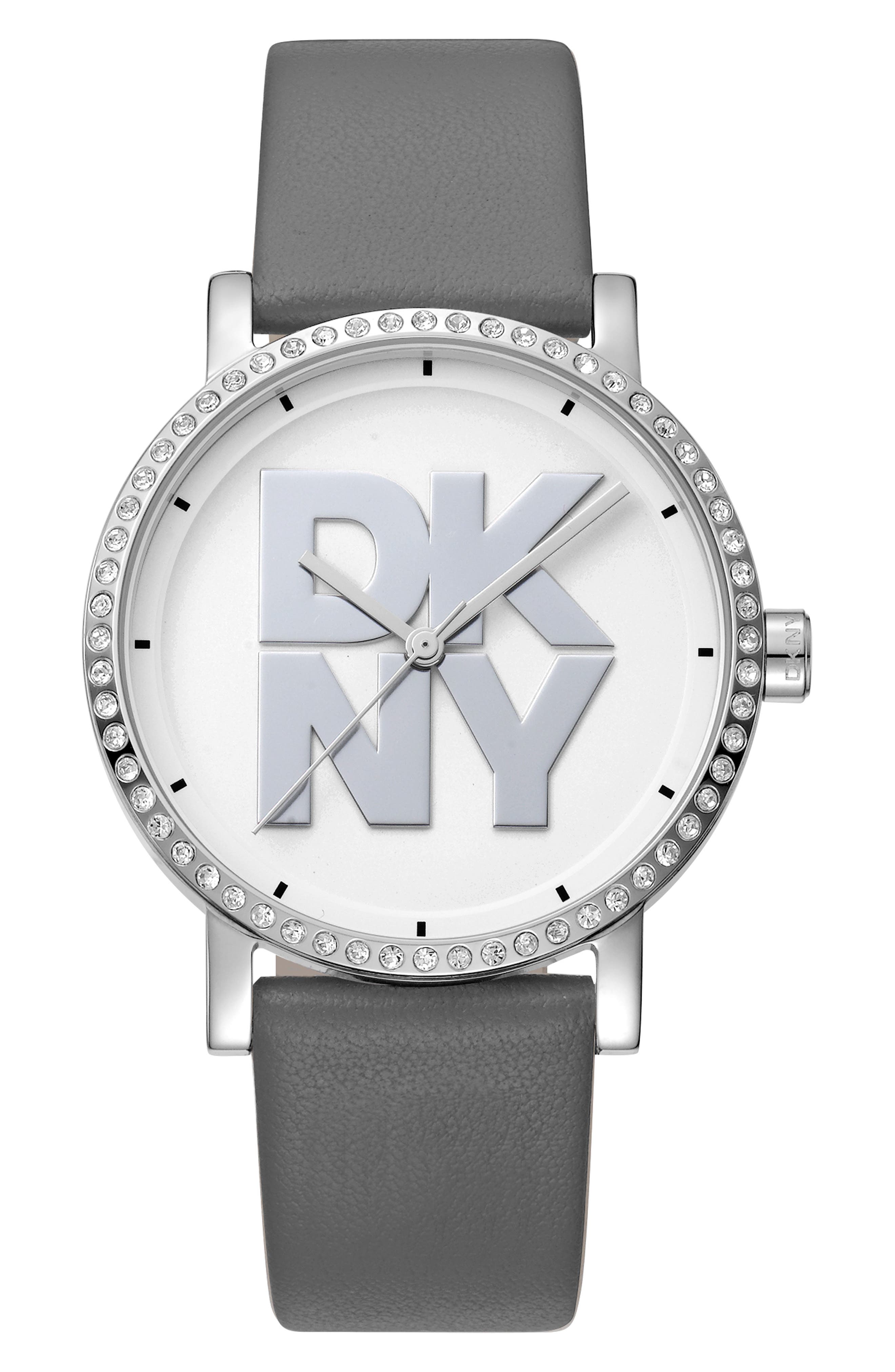 Logo Crystal Bezel Leather Strap Watch, 36mm