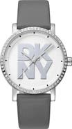 DKNY Logo Crystal Bezel Leather Strap Watch, 36mm