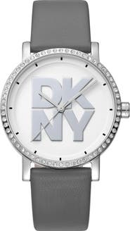 DKNY Logo Crystal Bezel Leather Strap Watch, 36mm