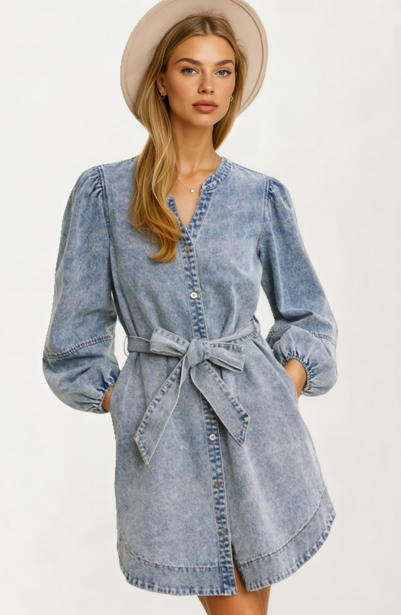 Knit and Lounge Puff Shoulder Tie Waist Long Sleeve Denim Mini Dress, Alternate, color, 