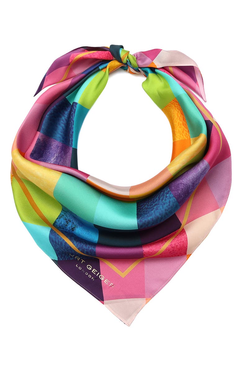 Kurt Geiger London Stained Glass Print Silk Square Scarf, Alternate, color, Classic Rainbow