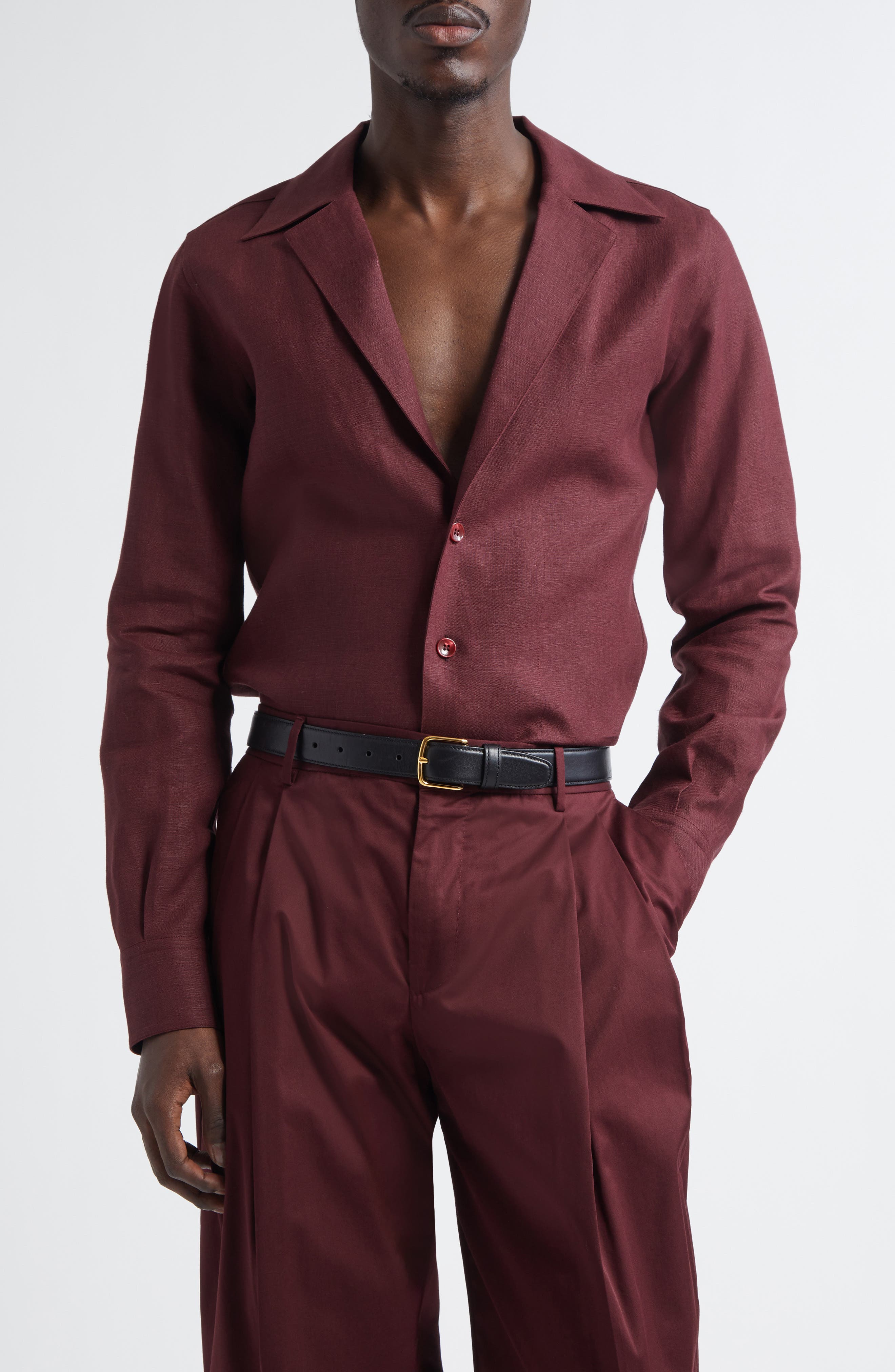 Deep V Linen Button-Up Shirt