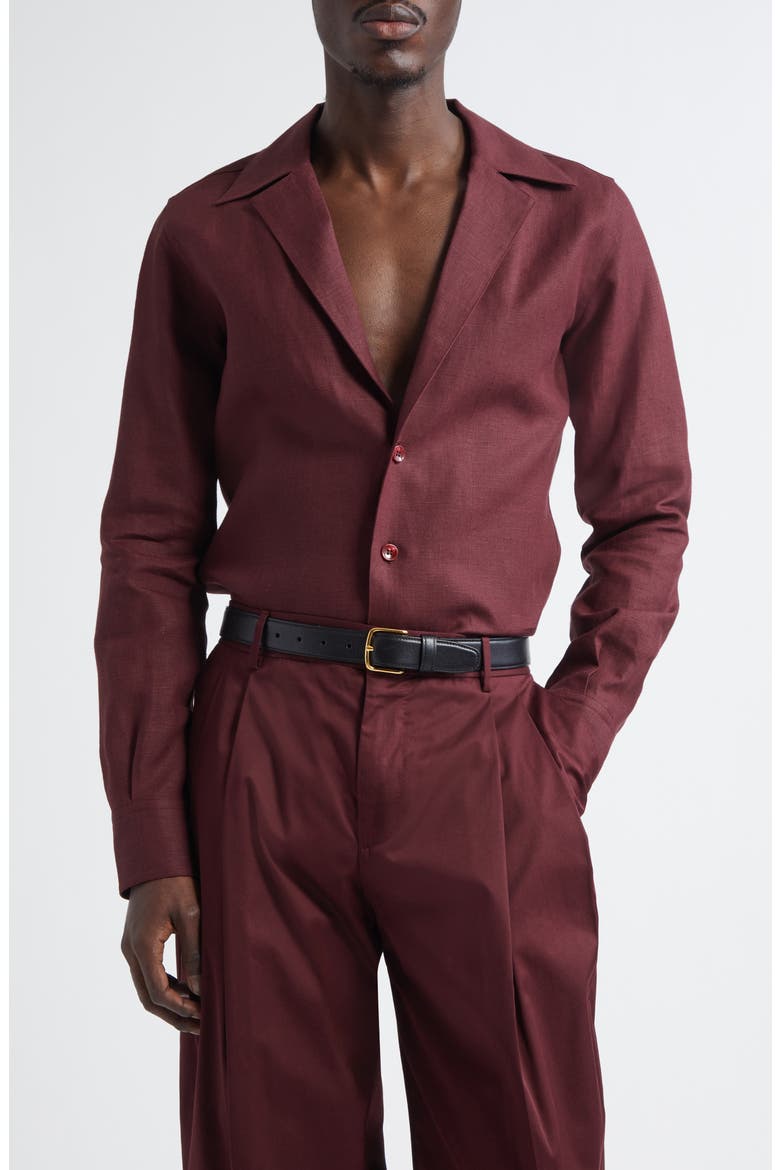 Deep V Linen Button-Up Shirt, Main, color, M5039 BROWN DARK VIOLET
