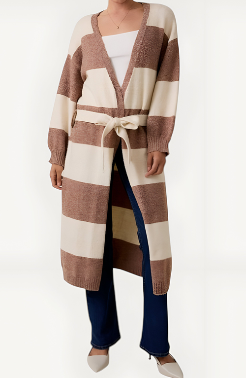 Modenaire Stripe Belted Long Cardigan With Open Front And Ribbed Cuffs In Brown