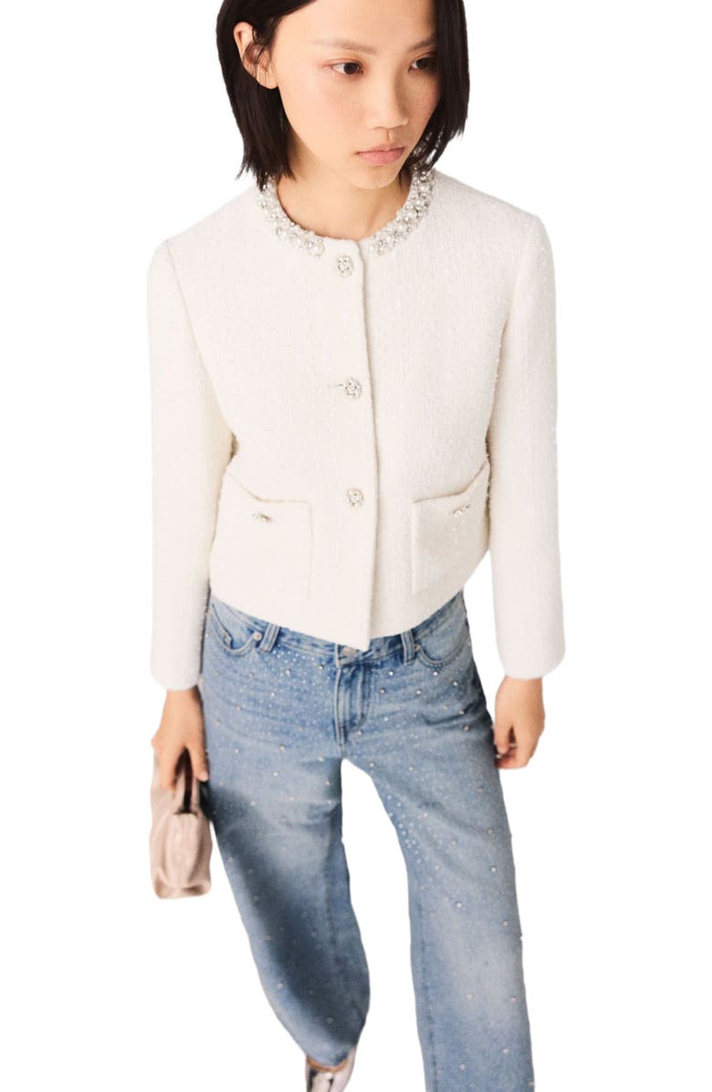 maje Pearl-trimmed tweed jacket, Alternate, color, Ecru