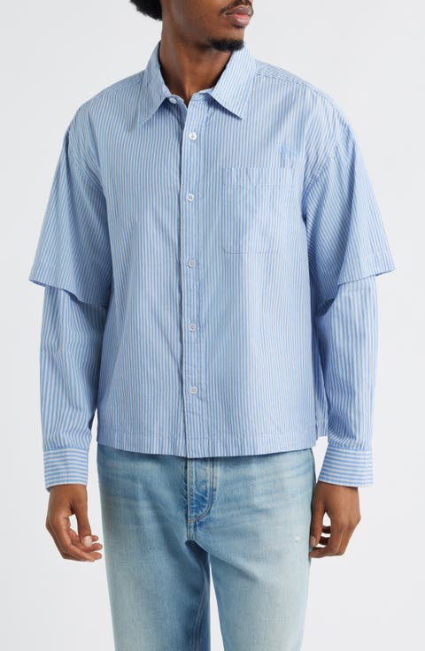 Layered Stripe Cotton Button-Up Shirt