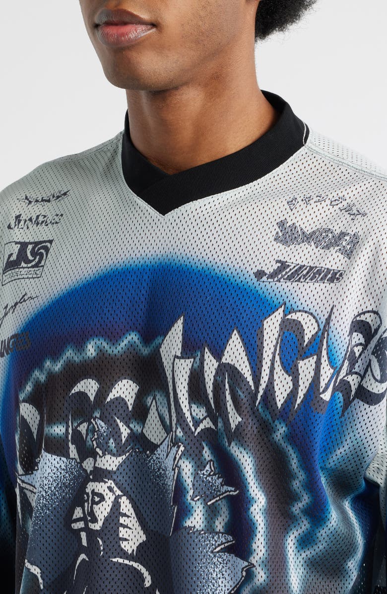 JUNGLES Boxy Moto Mesh Jersey Top, Alternate, color, White/Black/Blue