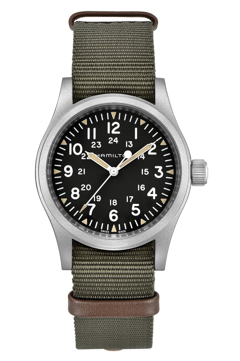 Khaki Field Mechanical NATO Strap Watch, 38mm, Main, color, BLACK