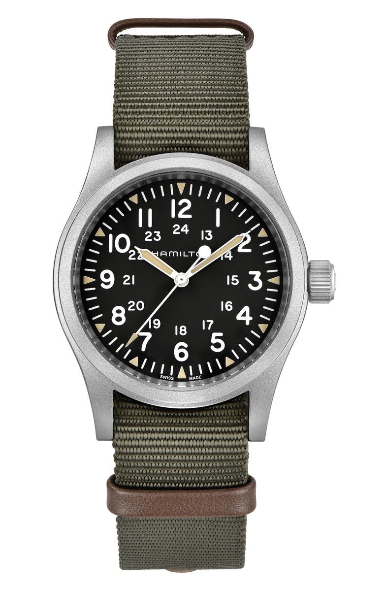 Hamilton Khaki Field Mechanical NATO Strap Watch, 38mm, Main, color, Black