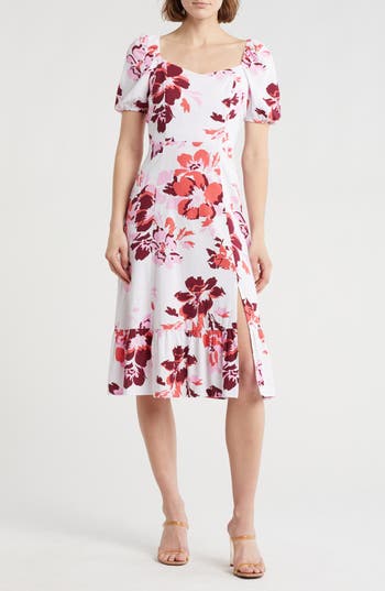 Shop Ellen Tracy Puff Sleeve Linen Blend Midi Dress In Coral Bouquet