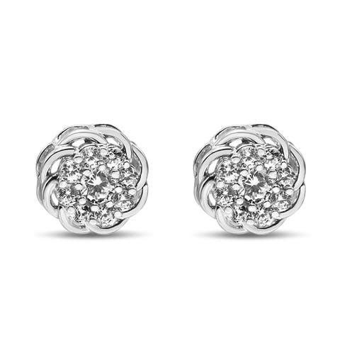 Silver 1/2 Cttw Round Diamond Cluster Openwork Floral Halo Stud Earrings
