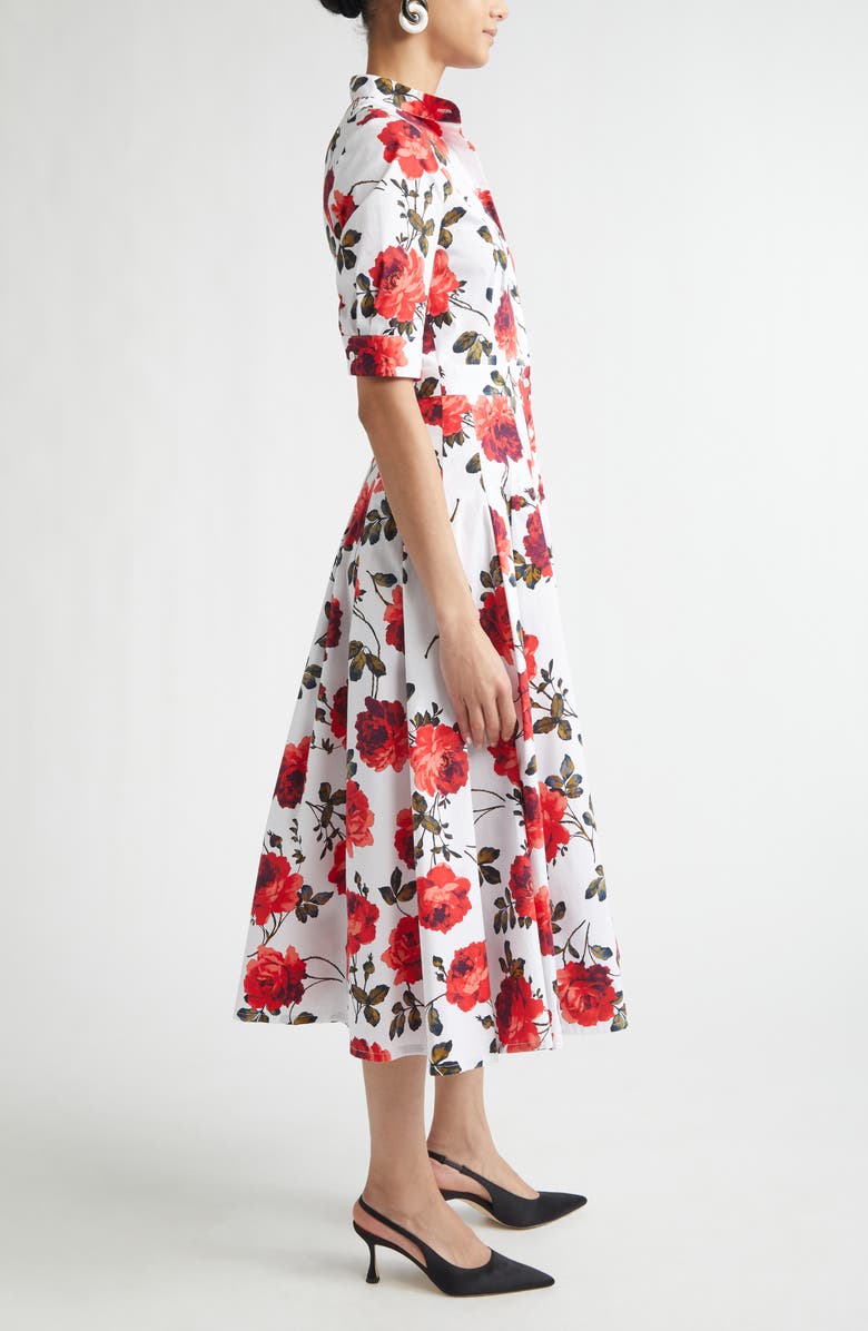 Carolina Herrera Rose Print Stretch Cotton Poplin Shirtdress, Alternate, color, White Multi