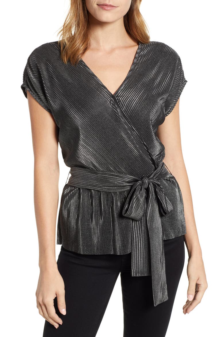 Gibson x Glam Squad Plissé Faux Wrap Top (Nordstrom Exclusive), Main, color, BLACK