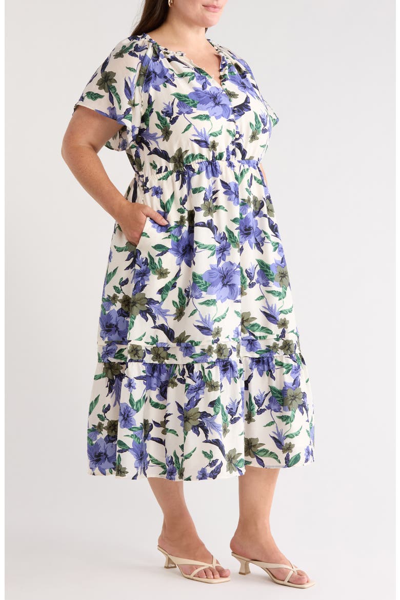 Flutter Sleeve Tiered Dress, Alternate, color, IVORY- BLUE SEA FLORAL