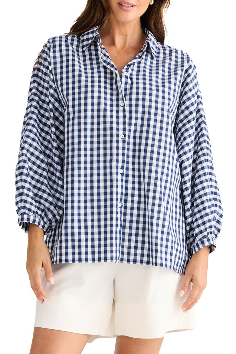 Monty Gingham Balloon Sleeve Button-Up Shirt, Main, color, NAVY GINGHAM