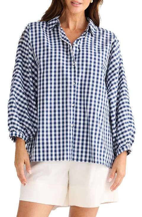 Monty Gingham Balloon Sleeve Button-Up Shirt