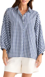 Brave+True Monty Gingham Balloon Sleeve Button-Up Shirt