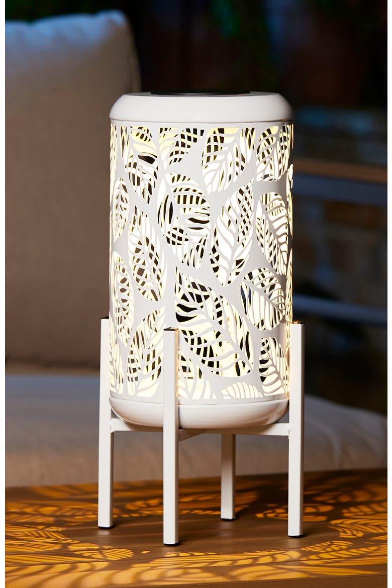 Metal Cutout Leaves LED Solar Powered Outdoor Lantern with Stand, Alternate, color, White