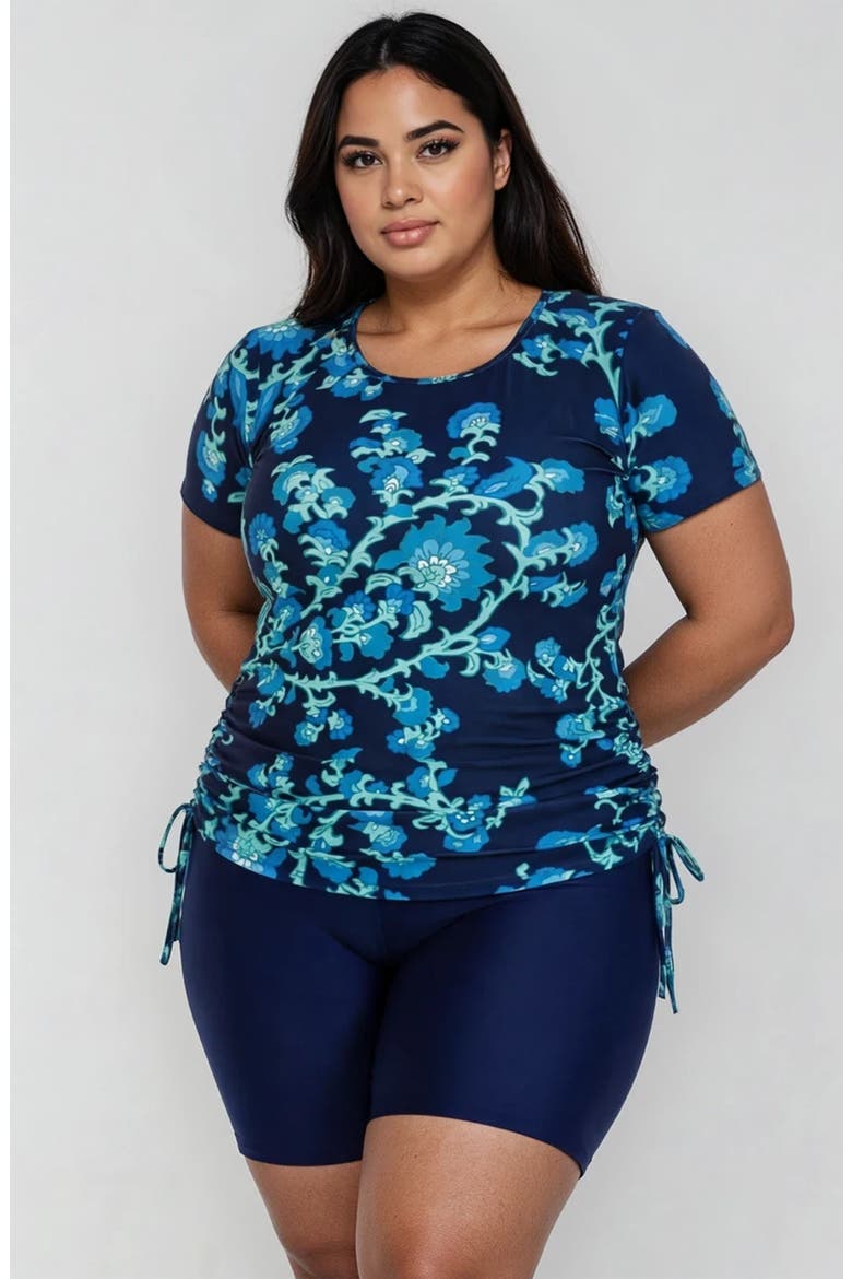 Plus Size Short Sleeve Adele Swim Top and Navy Mid-Thigh Swim Shorts Set, Alternate, color, Barbados Blue