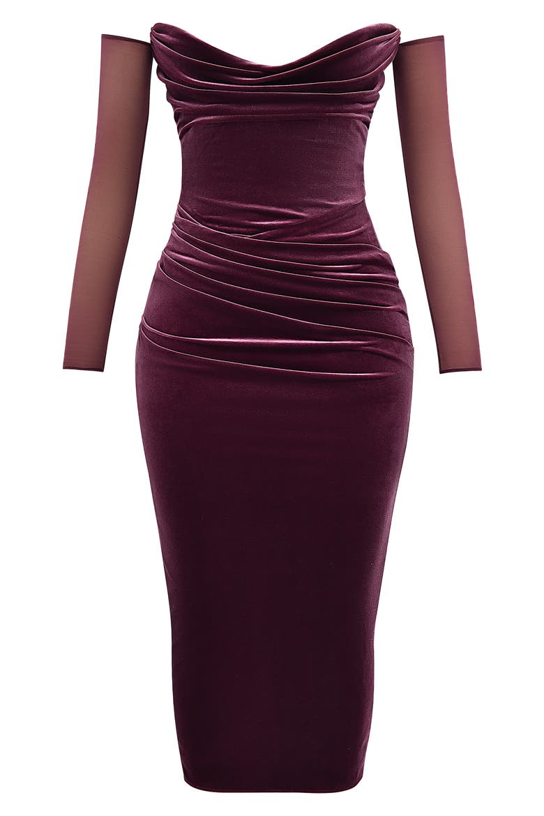 Cleora Off the Shoulder Long Sleeve Stretch Velvet Maxi Dress, Alternate, color, MULBERRY