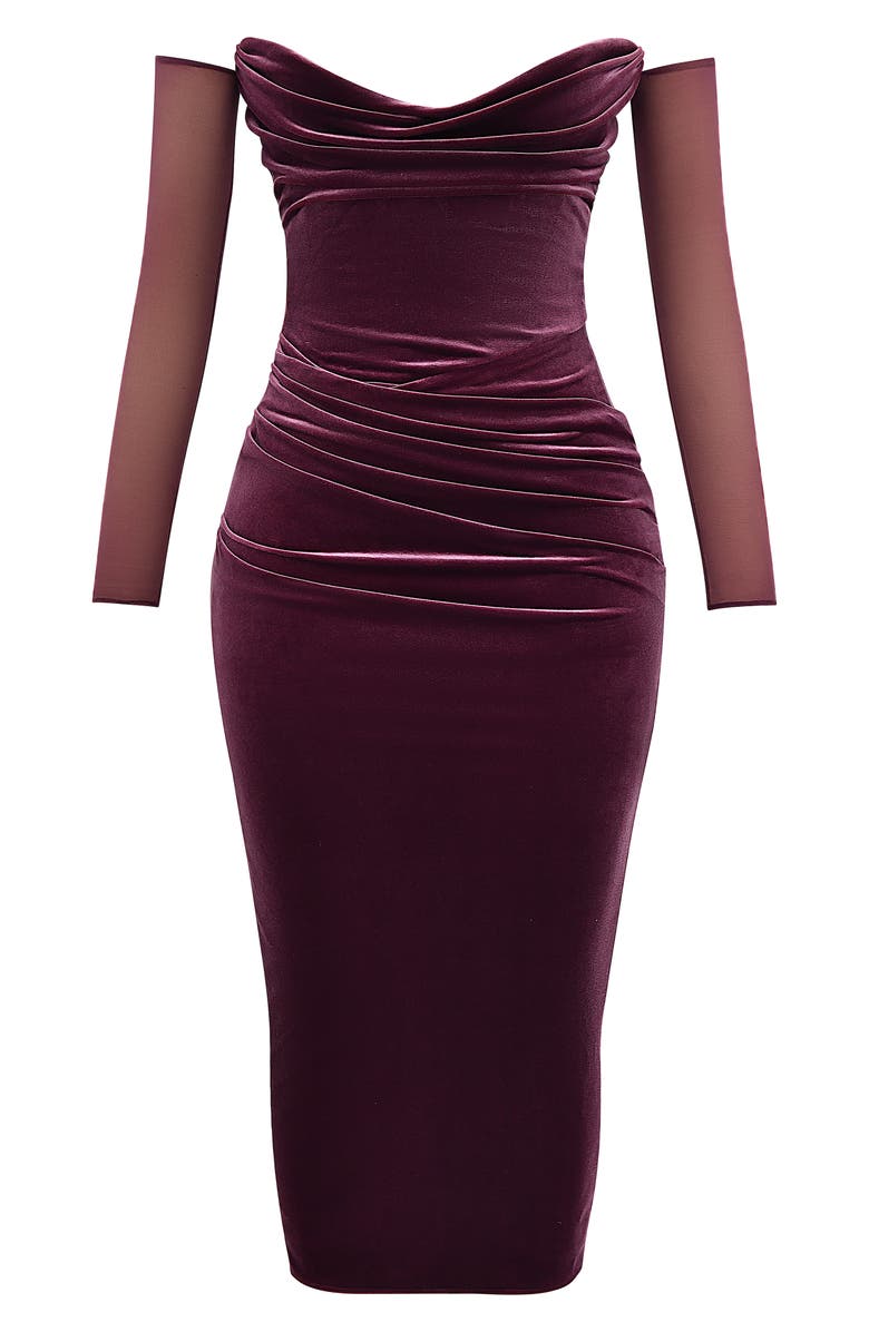 HOUSE OF CB Cleora Off the Shoulder Long Sleeve Stretch Velvet Maxi Dress, Alternate, color, Mulberry