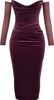 HOUSE OF CB Cleora Off the Shoulder Long Sleeve Stretch Velvet Maxi Dress