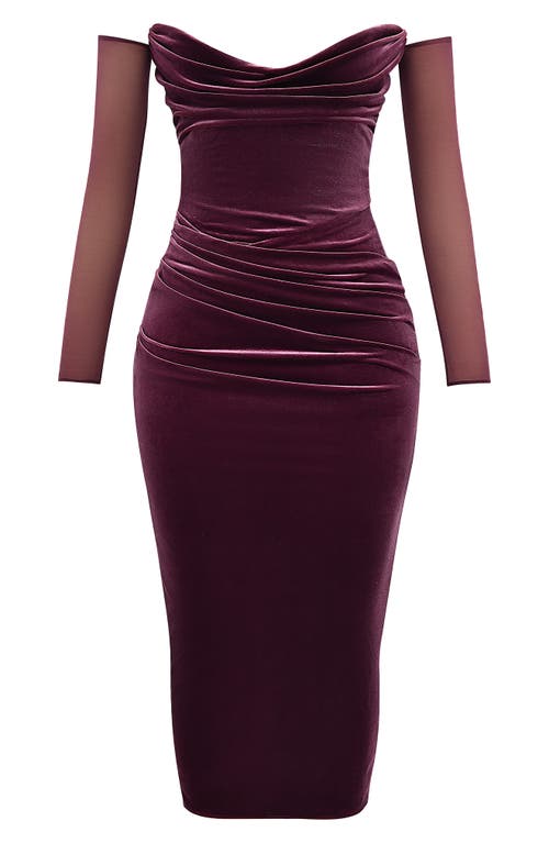 House Of Cb Cleora Off The Shoulder Long Sleeve Stretch Velvet Maxi Dress
