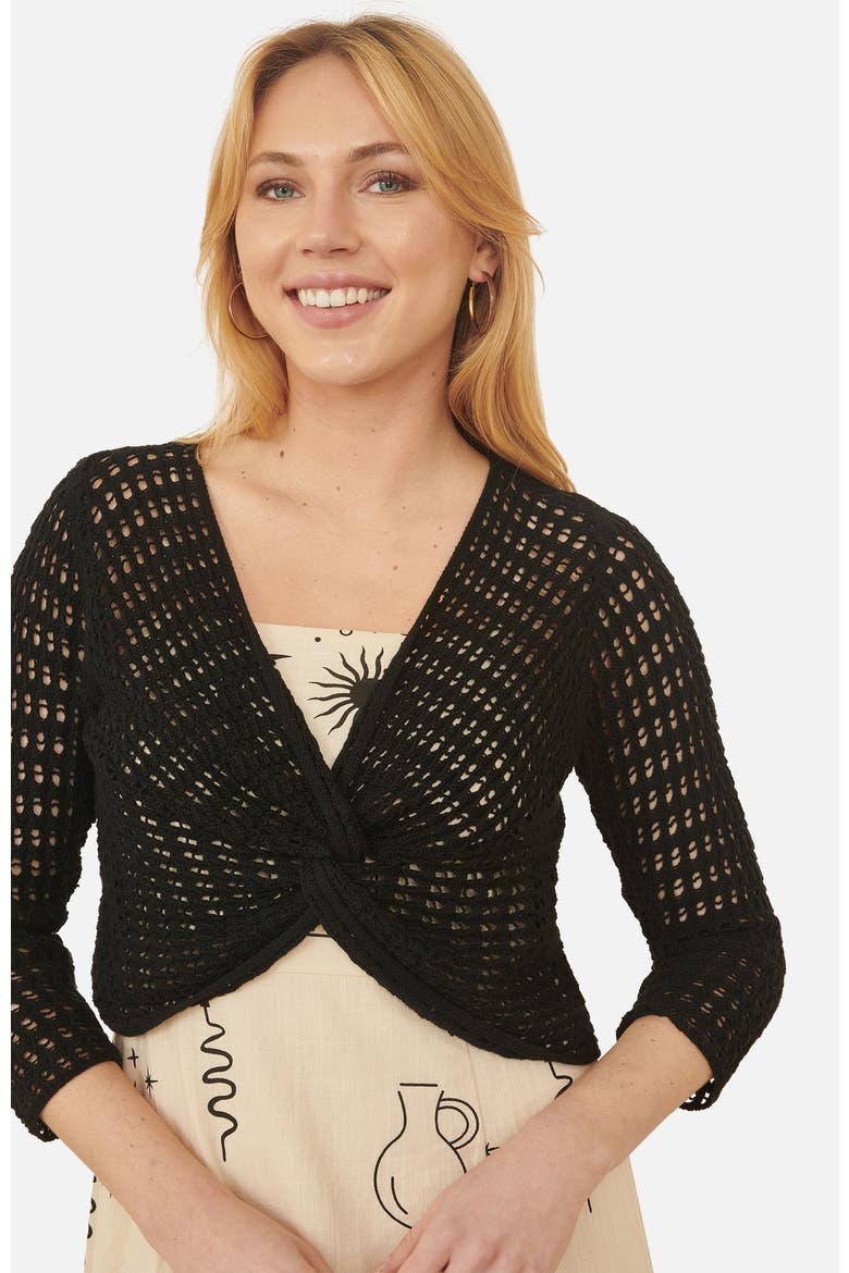 Crochet Cotton Twisted Bolero Cardigan, Alternate, color, Black