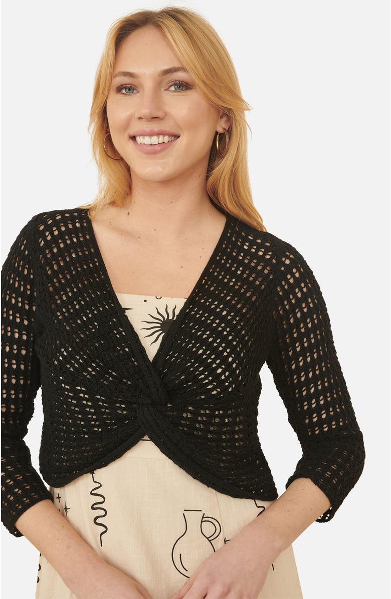 Yumi Crochet Cotton Twisted Bolero Cardigan, Alternate, color, Black