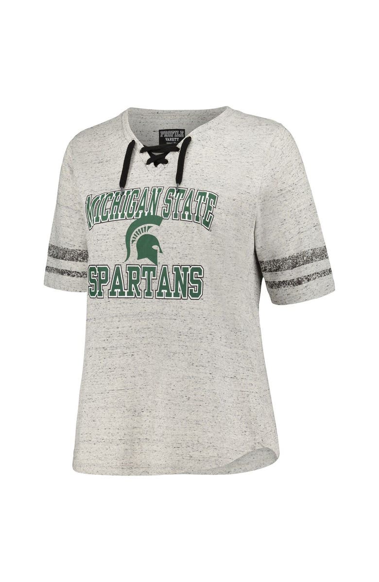 PROFILE Women's Profile Heather Gray Michigan State Spartans Plus Size Striped Lace-Up V-Neck T-Shirt, Alternate, color, Heather Gray