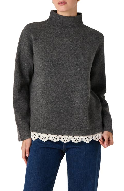 Marjolaine Mock Neck Eyelet Hem Sweater