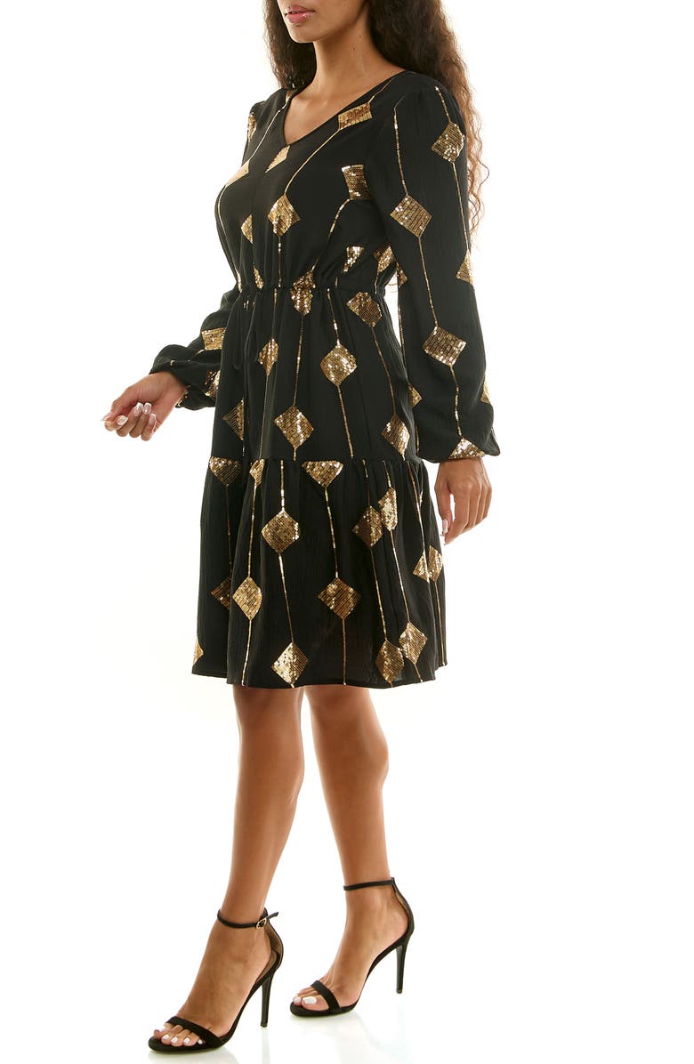 Nina Leonard Balloon Sleeve Drawstring Dress, Alternate, color, Black