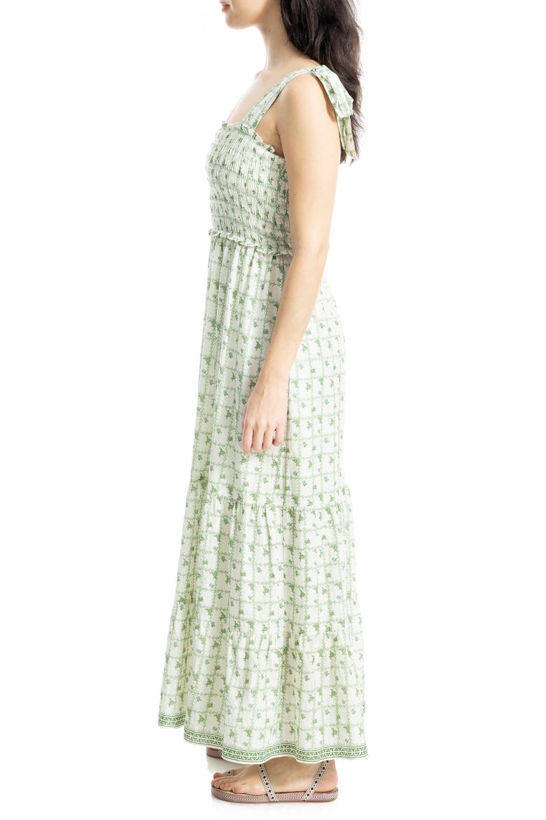 Tie Strap Smocked Tiered Sundress, Alternate, color, WHITE/ GREEN LEAFY SCALLOP