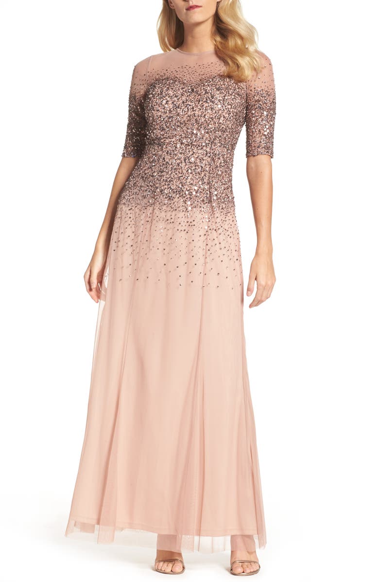 Adrianna Papell Beaded Illusion Bodice Mesh Gown, Main, color,