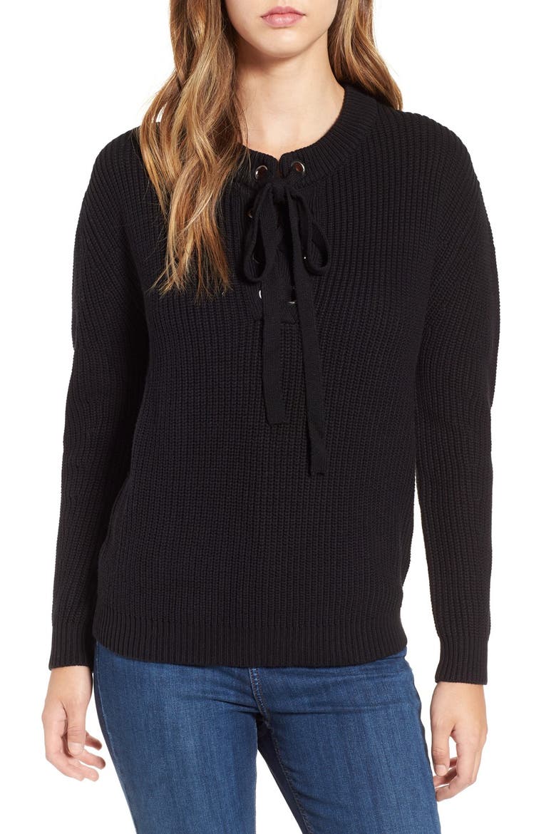 Lace-Up Sweater, Main, color, BLACK