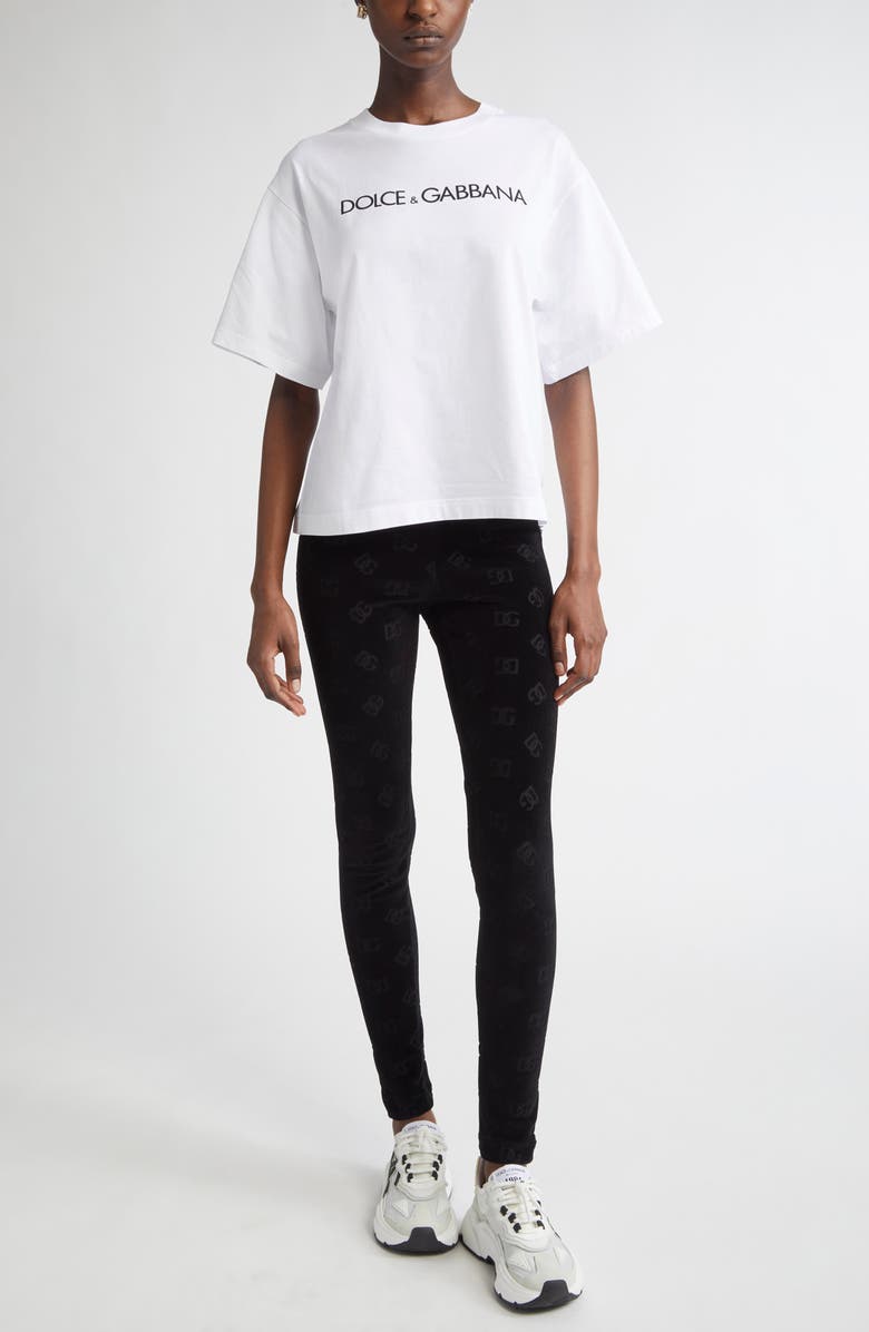 Dolce&Gabbana Logo Jacquard Chenille Leggings, Alternate, color, Nero