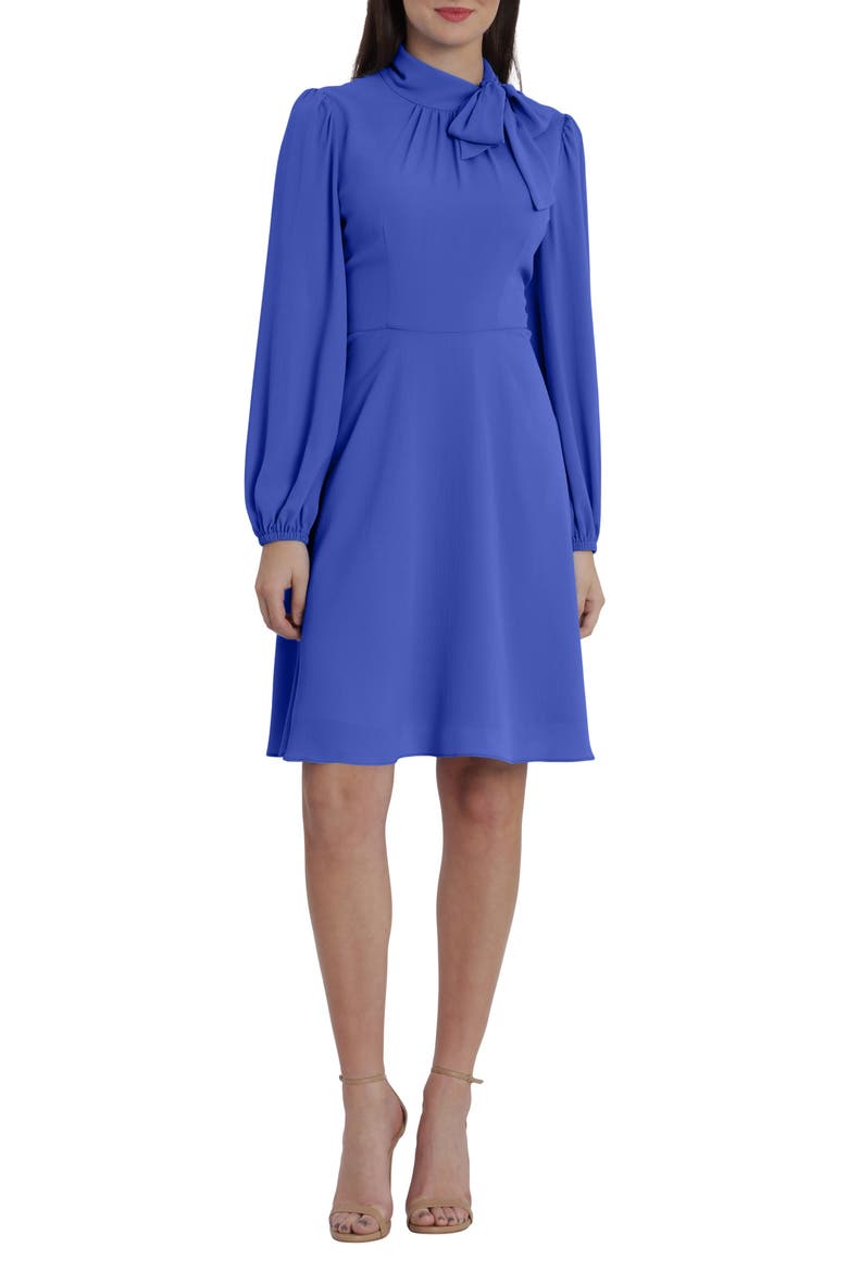 Catalina Tie Neck Long Sleeve Fit & Flare Crepe Dress, Main, color, DAZZLING BLUE