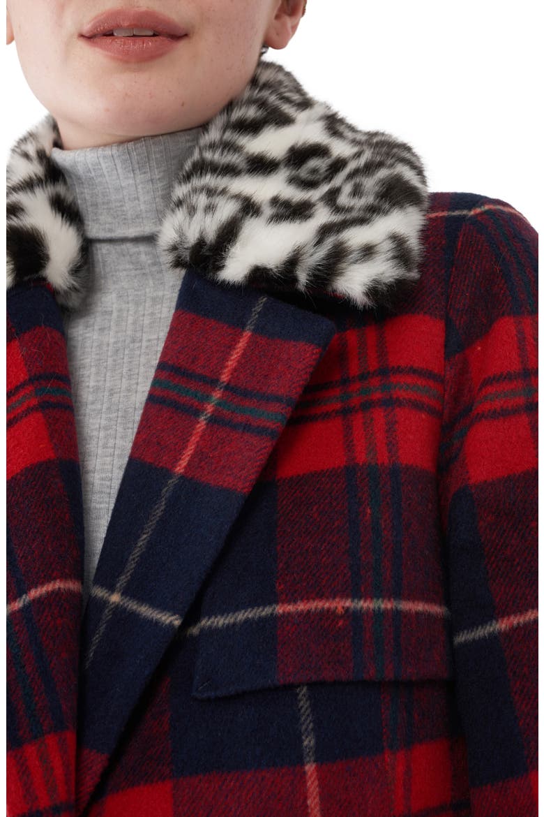 Faux Fur Collar Plaid Long Coat, Alternate, color, RED PLAID